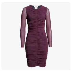 Fuzzi Mesh Ruched Sheath Dress Long Sleeve Round Neck In Wood Voilet Size XL NWT